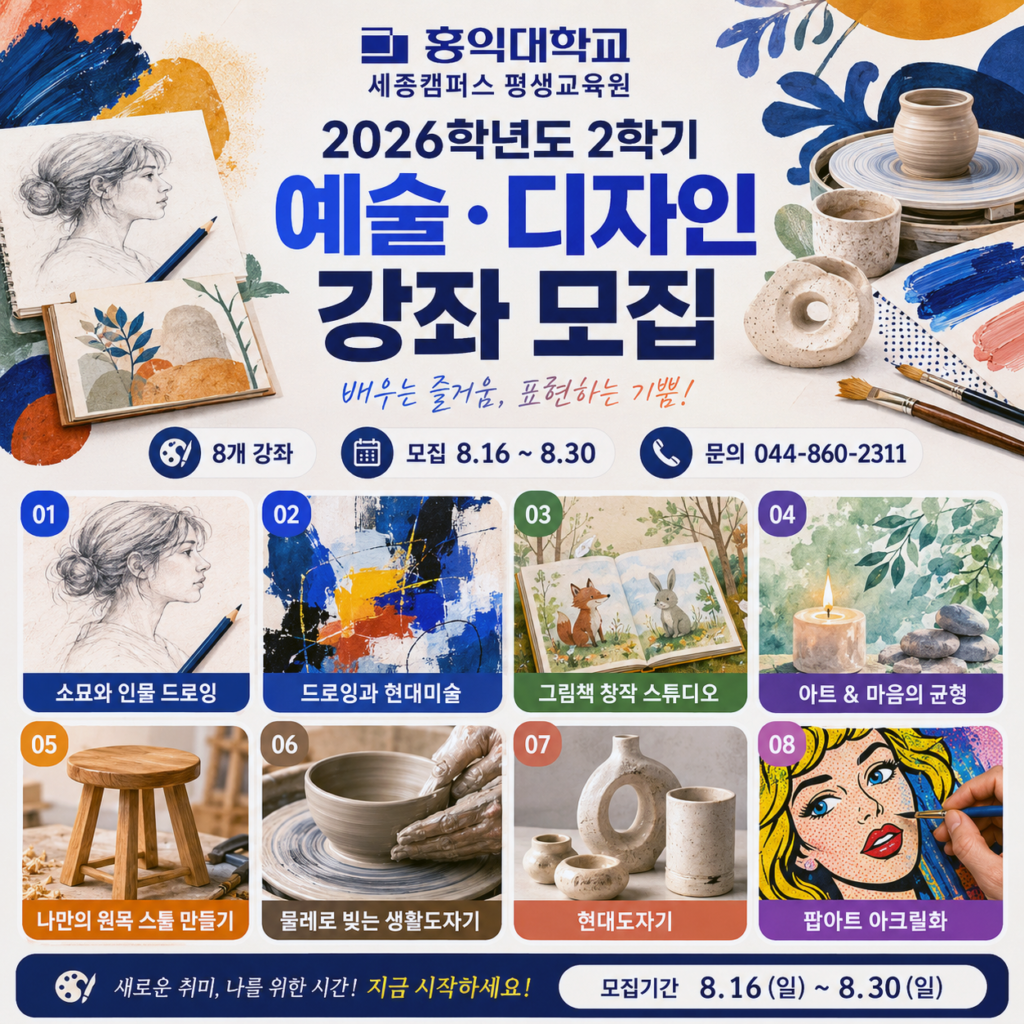 세종 청주 조치원 신탄진 대전 아크릴화 팝아트 목공 드로잉 색채 조형 그림책 현대미술 성인미술 그림그리기 목공 도자기 교육 강좌 홍익대학교 세종 평생교육원에서 시작합니다. 2026년 9월 1일 개강
